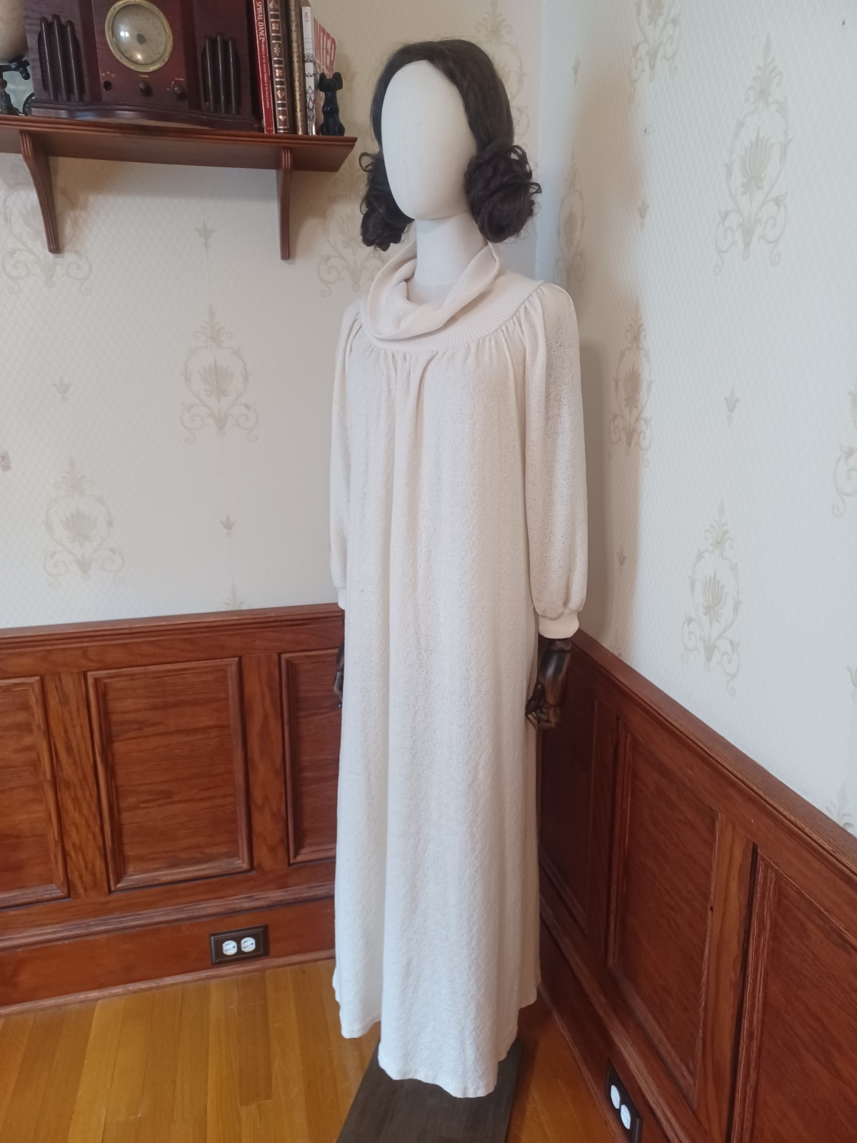 Vintage 1970s R. Michael Allen Ivory Boho Prairie Cowl Neck Knit Hostess Dress