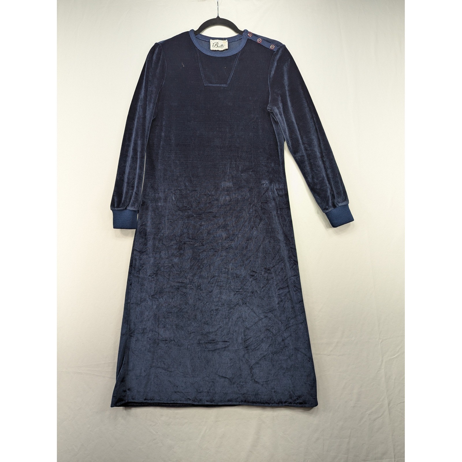 Vintage Butte Navy Blue Velour Midi Dress Long Sleeve Button Shoulder Retro 8/10