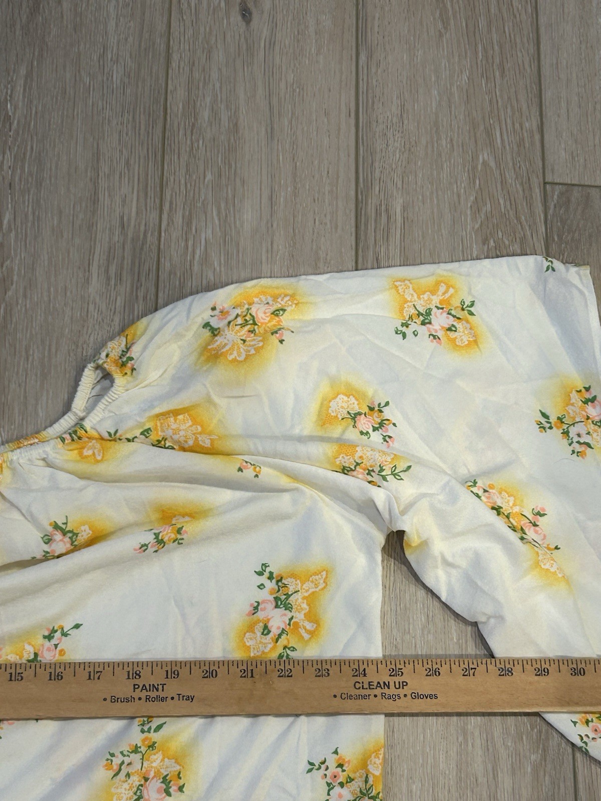 Vintage Womens BOHO Peasant White Yellow Floral Short Bell Sleeve House Dress