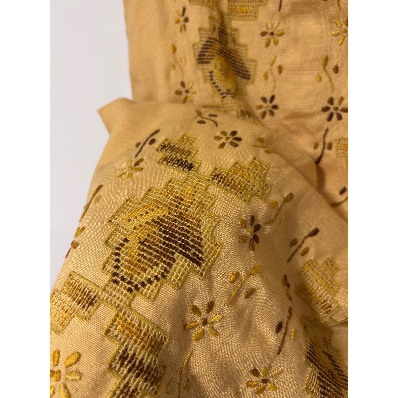 Vintage 60s Mustard Yellow Embroidered Linen Shift Dress Sleeveless Boho Mod S