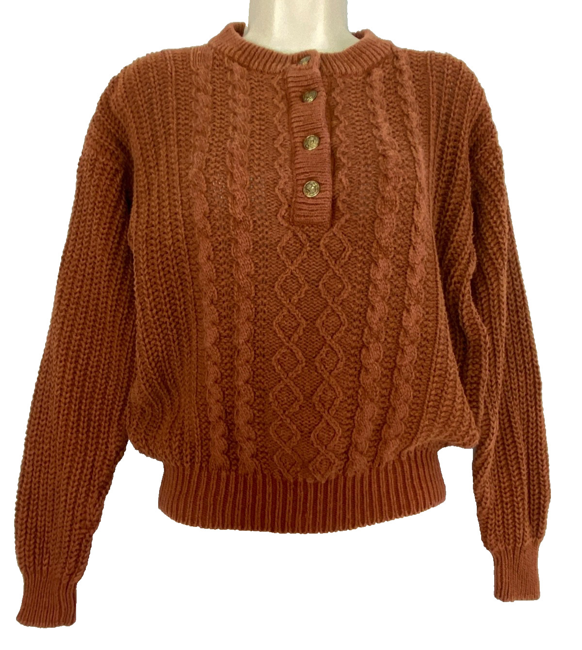 Vintage 1990s brown cotton sweater cable knit long sleeve pullover BRAMBLE LANE
