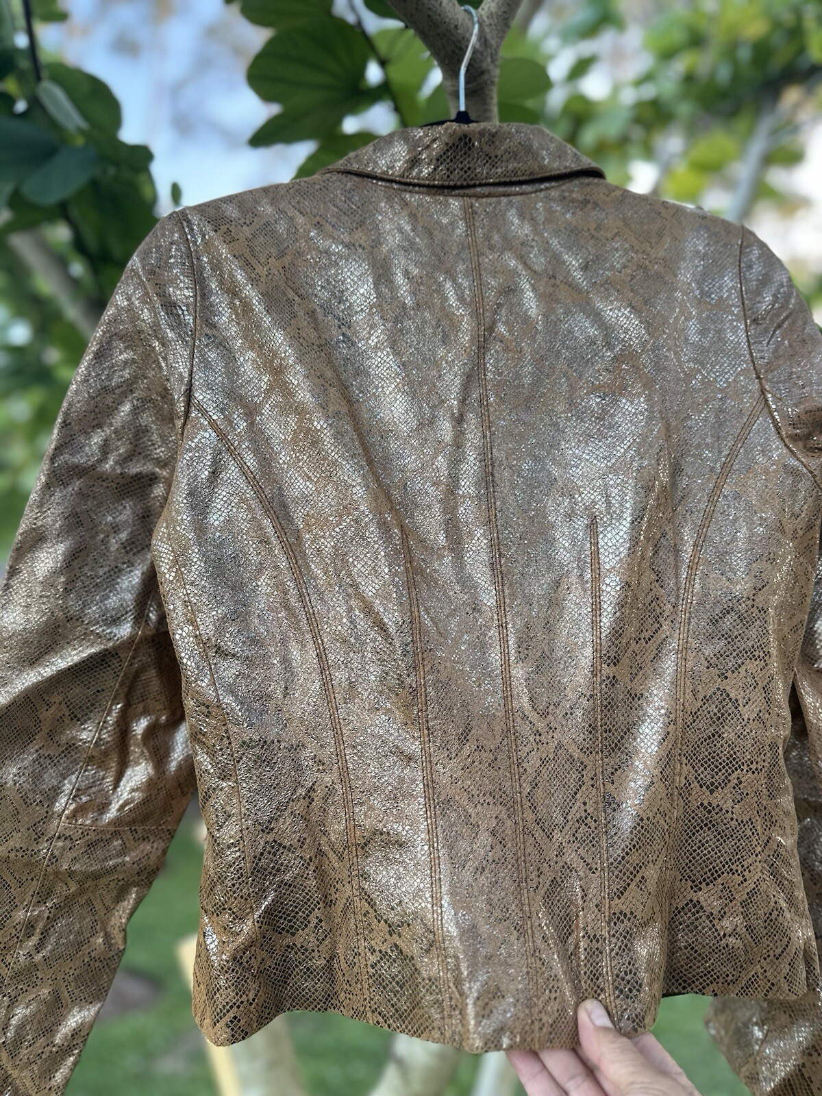 Vtg 90’s Designer Vakko Blazer Leather Jacket Metallic Snake Print Mustard Sz8