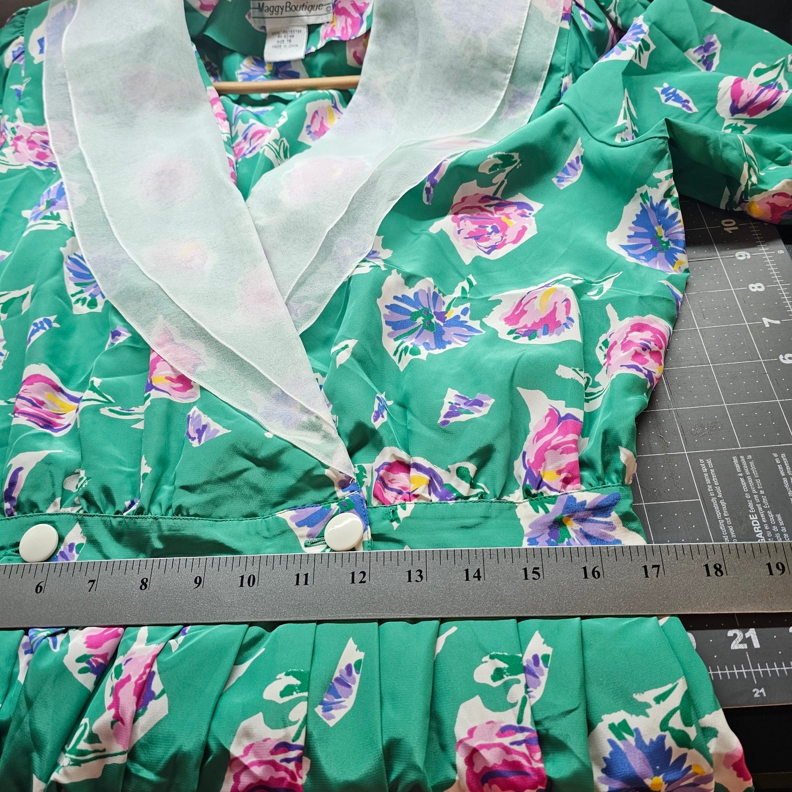 Vintage 90s Maggy Boutique Dress Women Sz 16 Green Floral Pleated Preppy Cottage