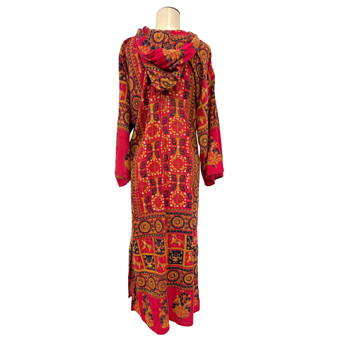 Vintage 1970s Hooded Block Print Wide Sleeve Red Bohemian Tunic Dress