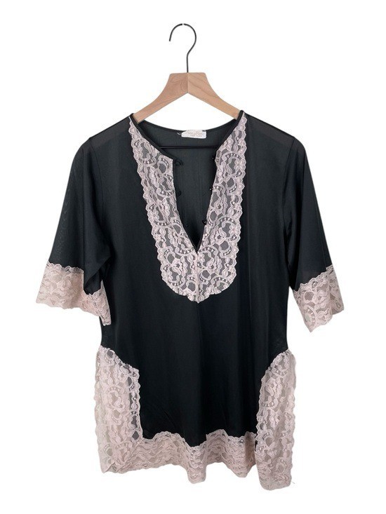 Vintage 60s Erica Loren Black Cream Lace Tunic Nightie Lingerie Top Coquette
