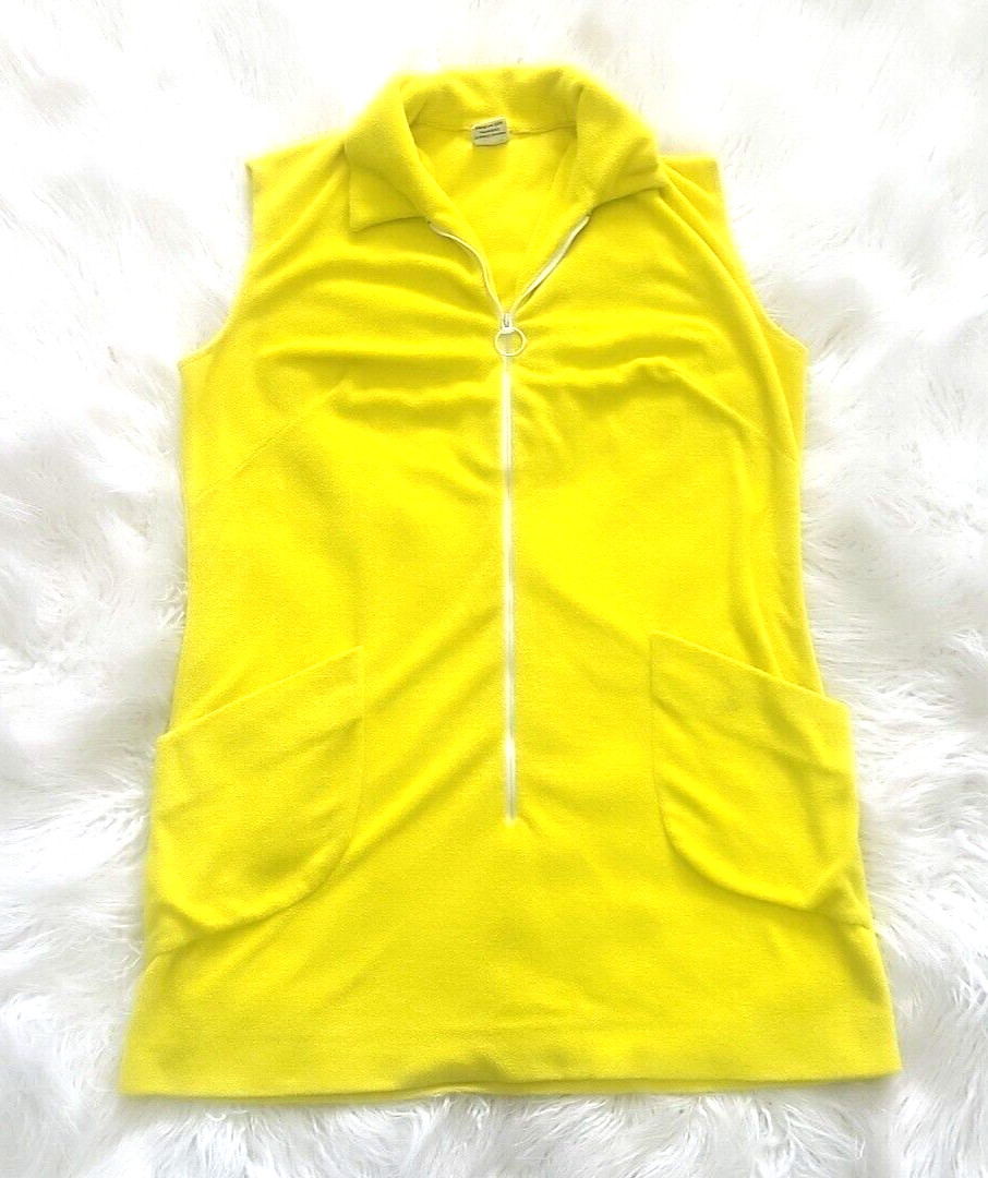 VTG 60s 70s Terry Cloth DeWeese Design Swim Coverup Dress Zip Size L Yellow Mod