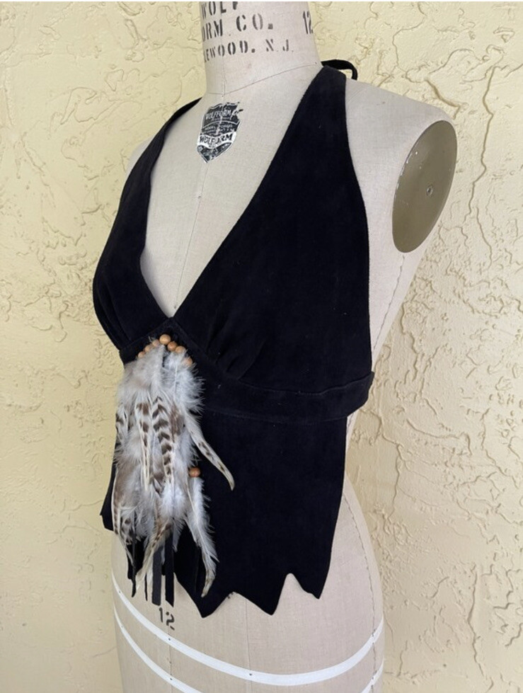 Vintage Halter Top Black Leather Bead Boho Biker Hippie Motorcycle Rock n Roll
