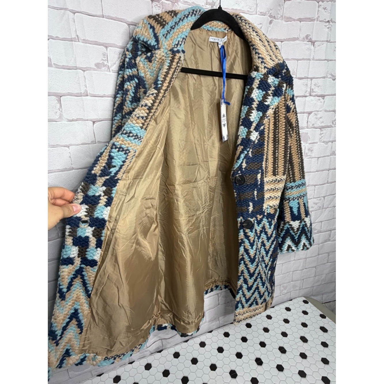 Tempo Paris Chunky Knit Patchwork Coat Neutral Blue Boho Aztec Jacket Sz Med/Lg