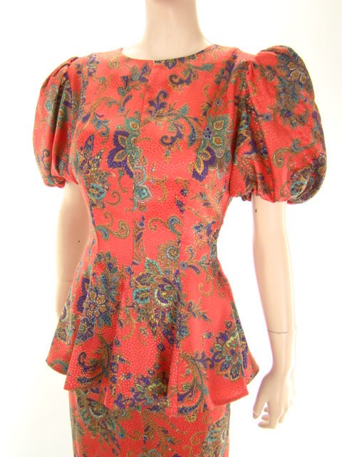 VTG 80s Silky Red Paisley Balloon Sleeve Slim Skirt Suit 2 Piece Dress S/M