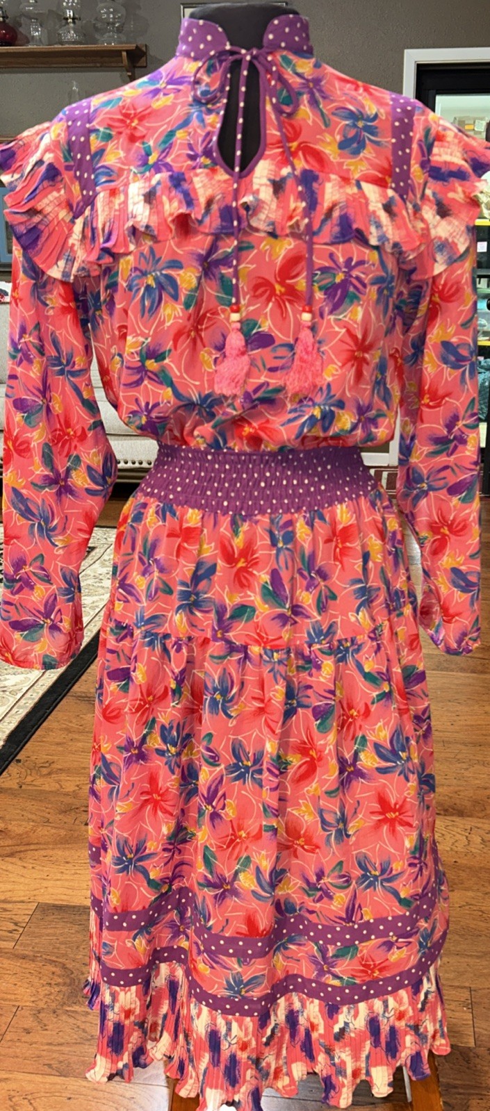 Vintage Lachine Hong Kong Pleated Ruffle Pink Purple Long Sleeve Dress P Small