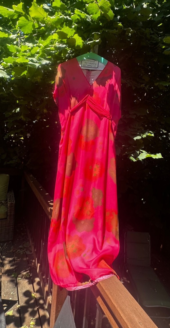 Vintage 60s Silk Crepe Empire Waist Maxi Dress Vibrant Pink Floral Hostess Gown