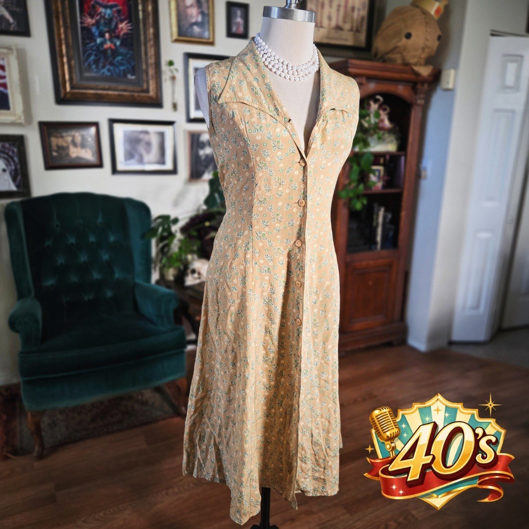 Vintage 40s Tan Silk Floral Day Dress Button Front Tea Dress WWII Era