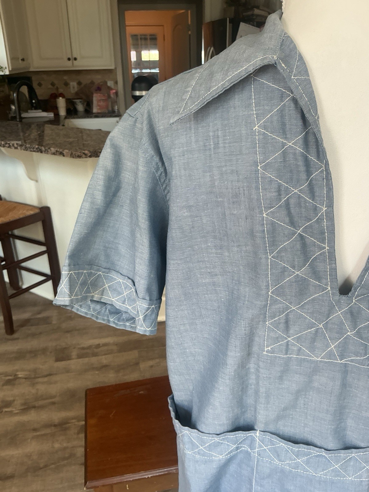 VTG 70s Haitian Chambray Embroidered Skipper Shirt Tunic Boho Cabana Medium M