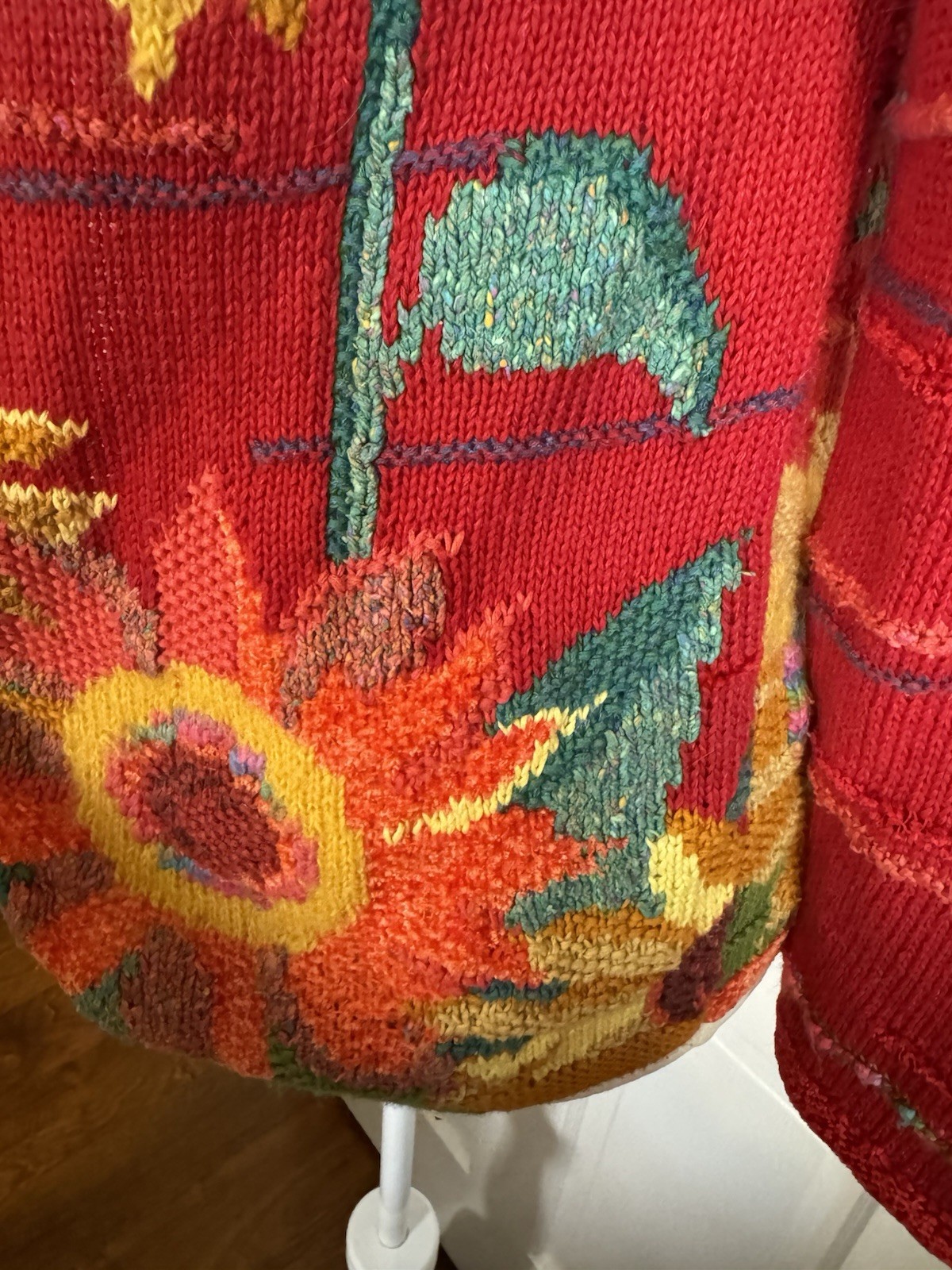 Susan Bristol Sunflower Hand Knit Red Cardigan 2002 Granny core Med Cotton/silk