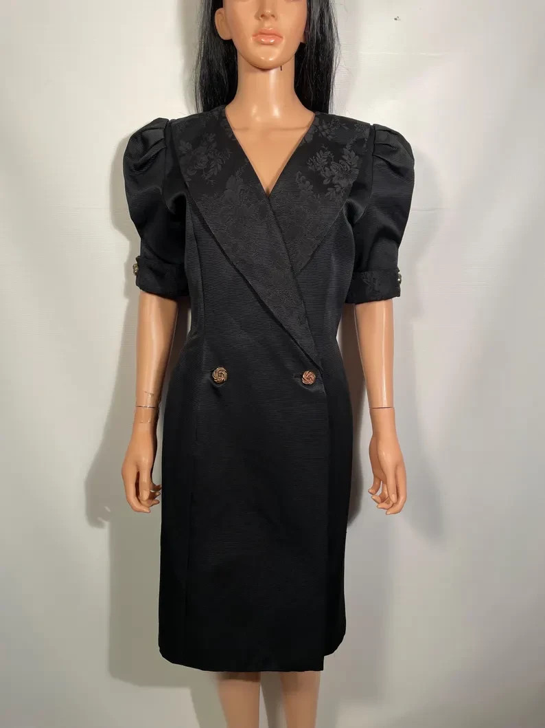 Vintage 1980s Black Taffeta Tuxedo Dress With Floral Brocade Collar Size S/M
