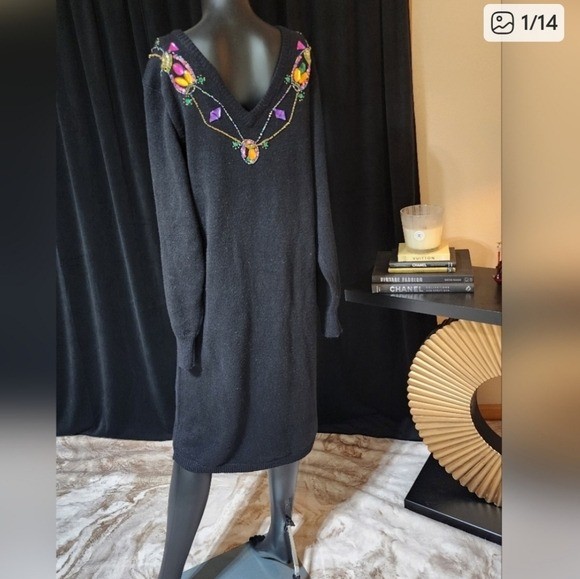 PLAIN JANE VINTAGE JEWELED SWEATER DRESS BLACK LARGE