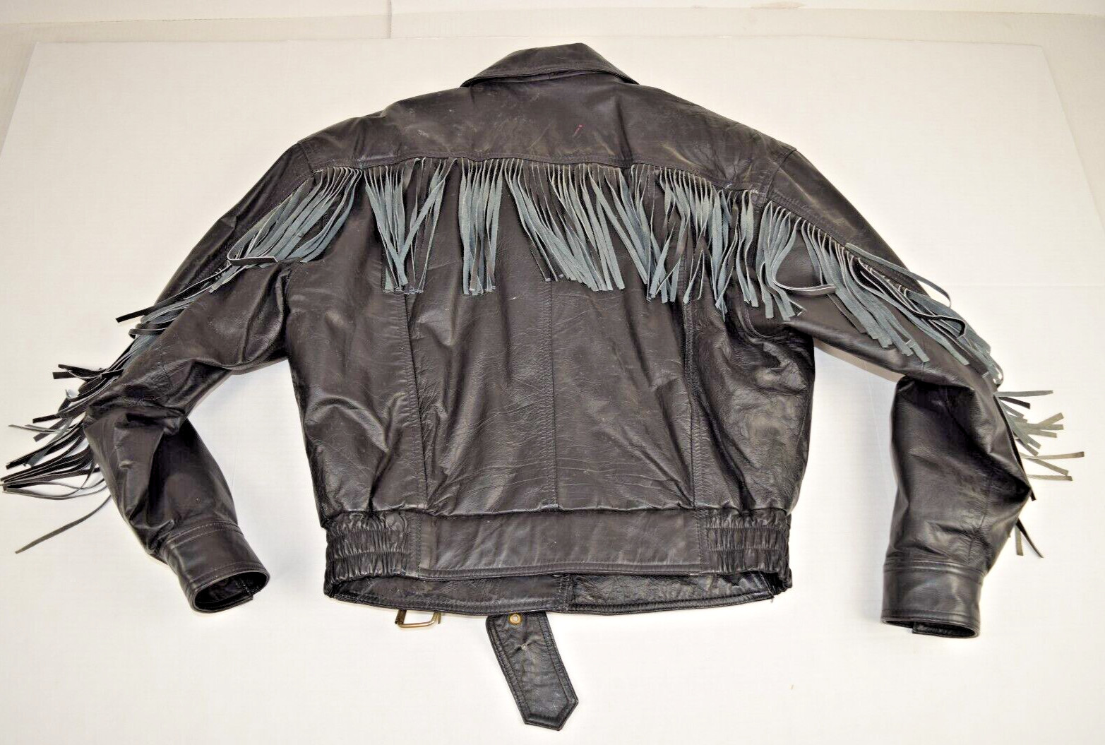 Vintage Leather Jacket Steer Brand Size M/L 80s Glassy Black Fringe All Across