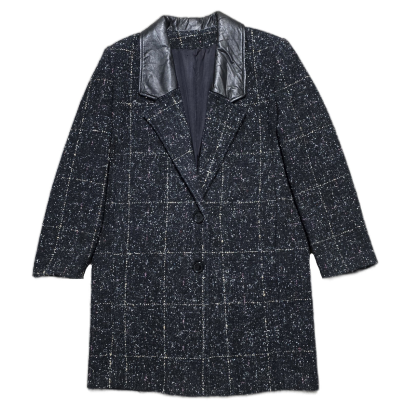 Vintage Coat 80s Long Oversized Black Tweed Blazer Jacket Leather Collar Sz 8