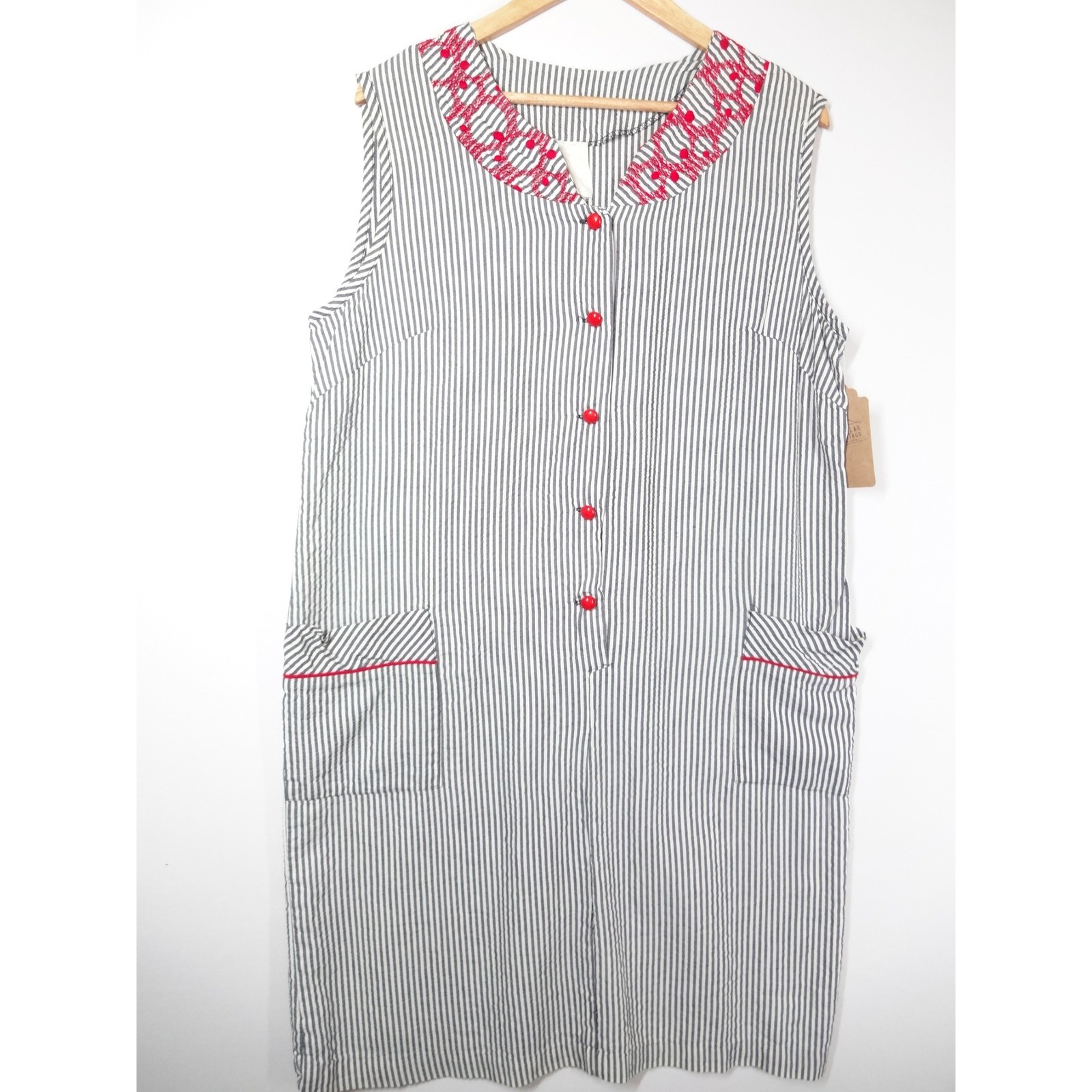 Vintage Seersucker Shift Dress Womens Large Blue White Striped Red Embroidered