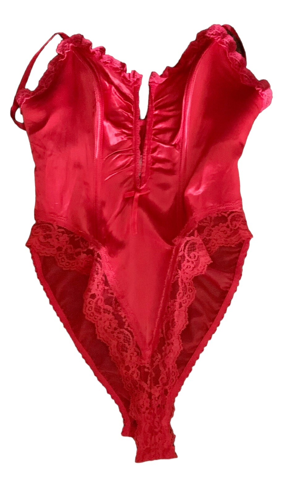 VTG E Bole GLOSSY Lipstick Red Satin Spandex TEDDY Bodysuit Bra PANTY Med Lace