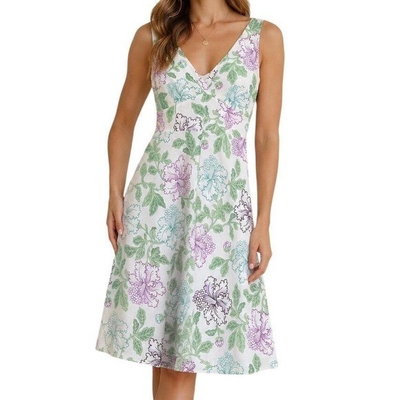 Ann Taylor LOFT Women White Floral Linen Blend Midi Dress Size 10 Sleeveless V-