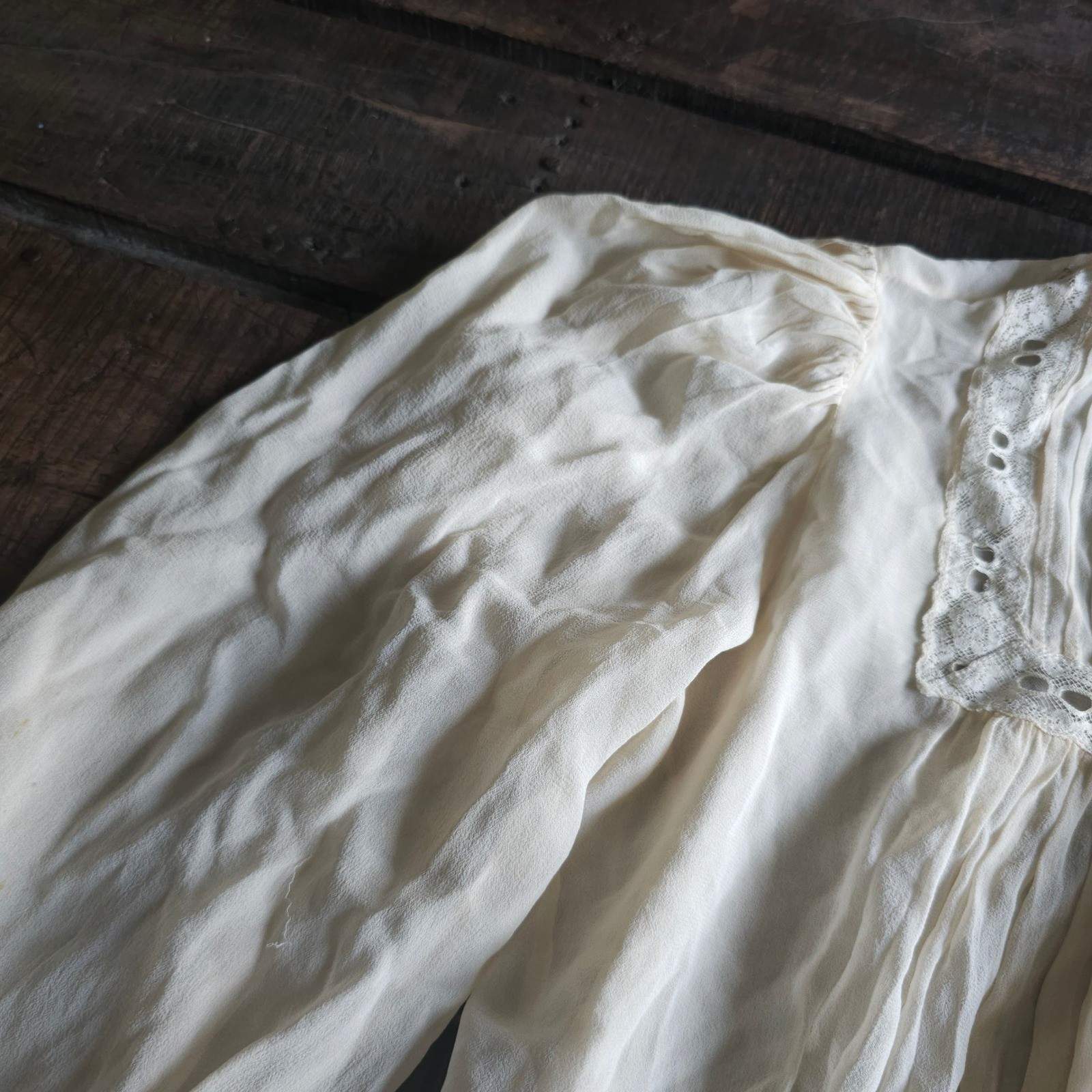 Antique Edwardian Pigeon Breast Blouse Lace Trim Bishop Sleeve Cream Top AS IS