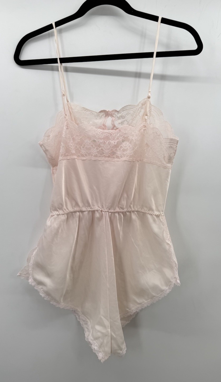 Vintage 80’s Barbizon Teddy Pink Satin Embroidered Bow Hi Cut Bodysuit Sz Small