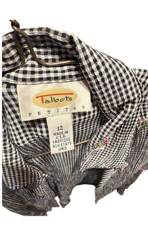 Vintage Talbots Gingham Dress Set Womens 12P Black White Embroidered Floral 90s