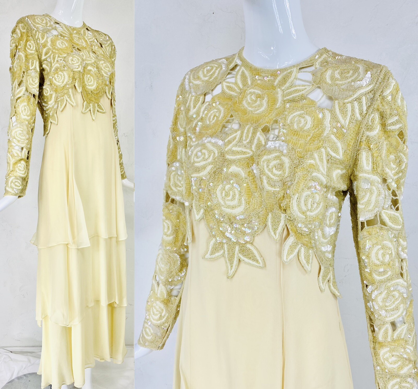 Vtg NAEEM KHAN RIAZEE COUTURE Pale Lemon Yellow Bead Sequin Evening Dress Gown S