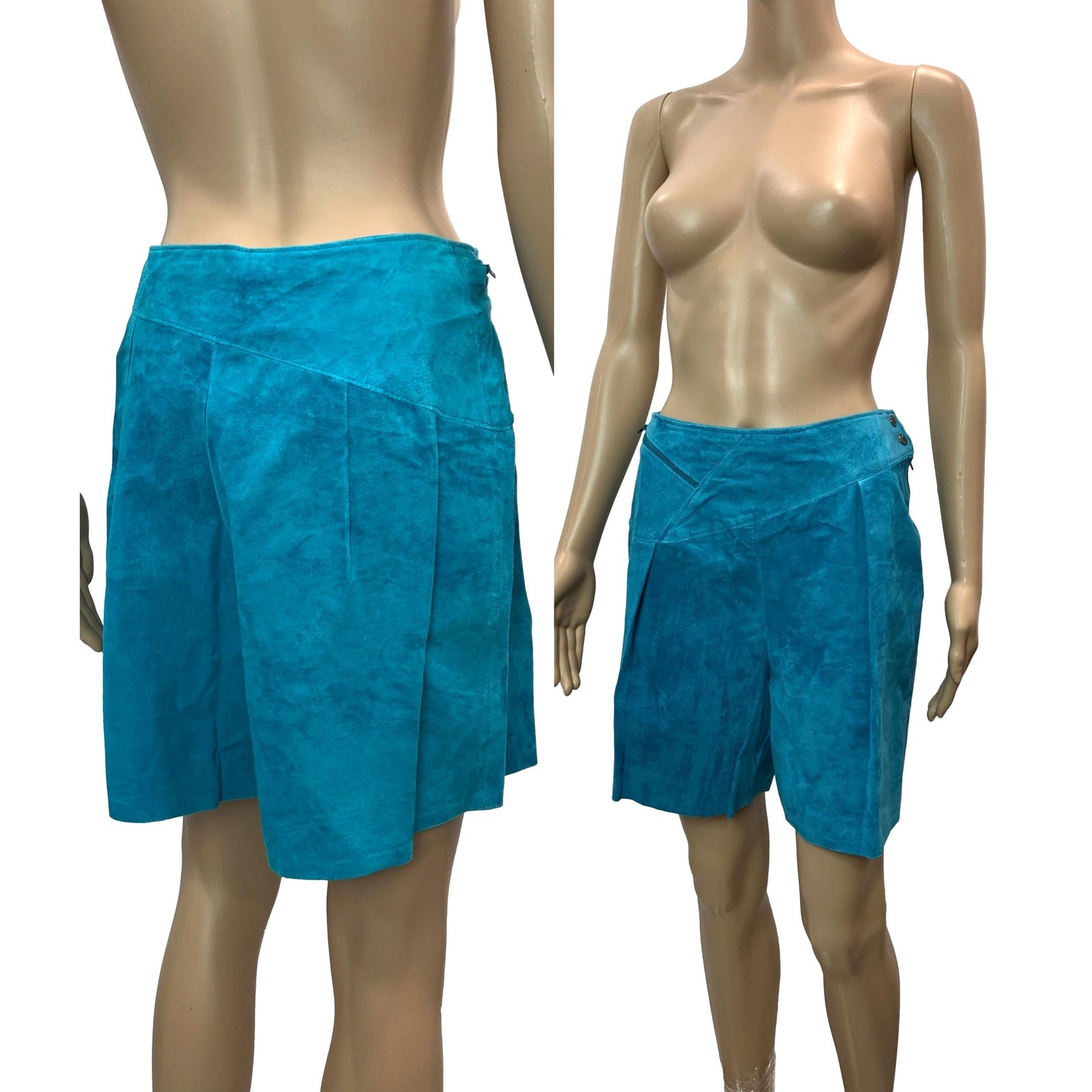 80s Dark Aqua Blue SUEDE Shorts | Asymmetrical Soft Leather | 28″ W