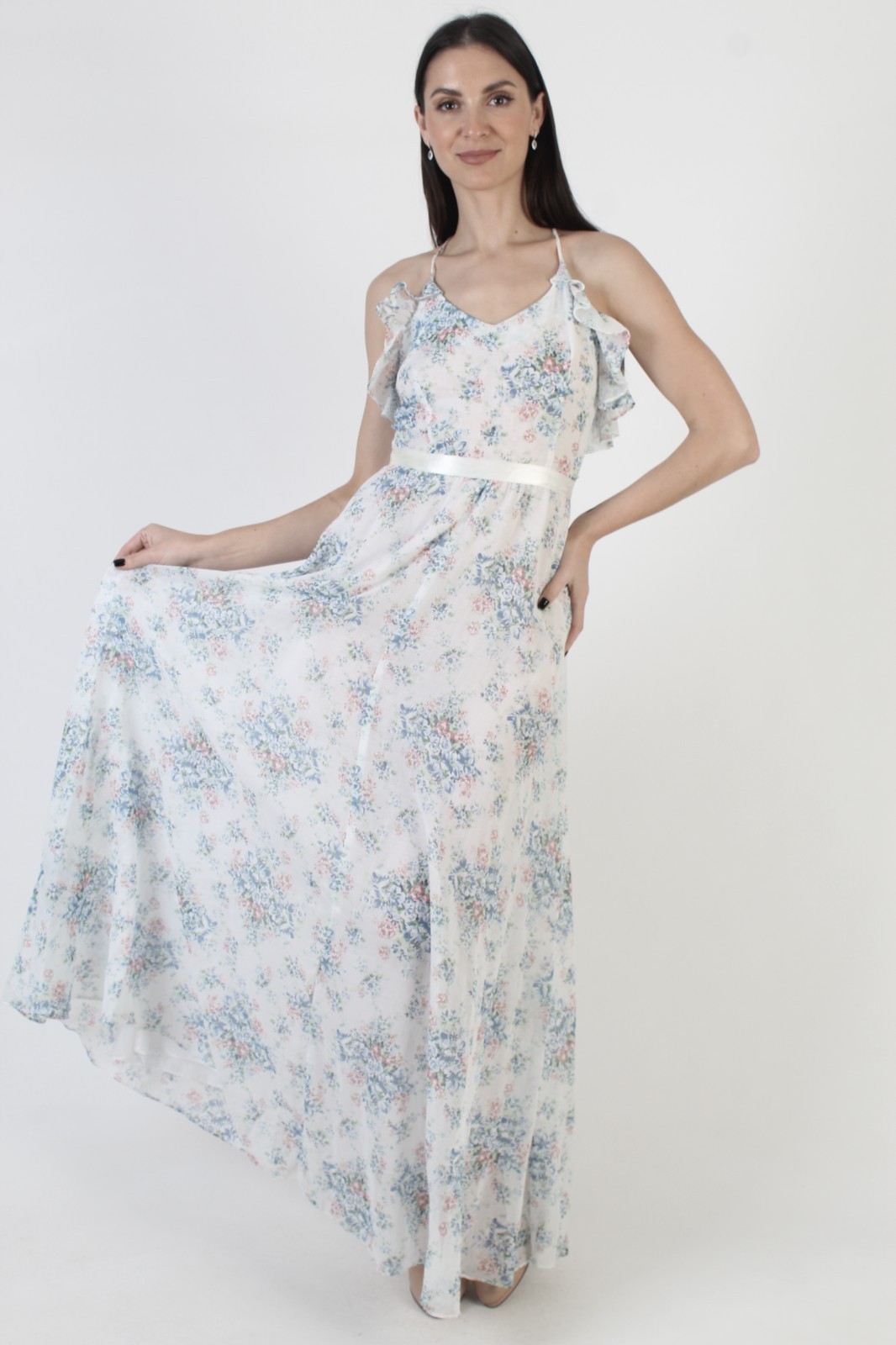 Vtg Off White Prairie Sundress Open Back Spaghetti Strap Cottage Boho Maxi Dress