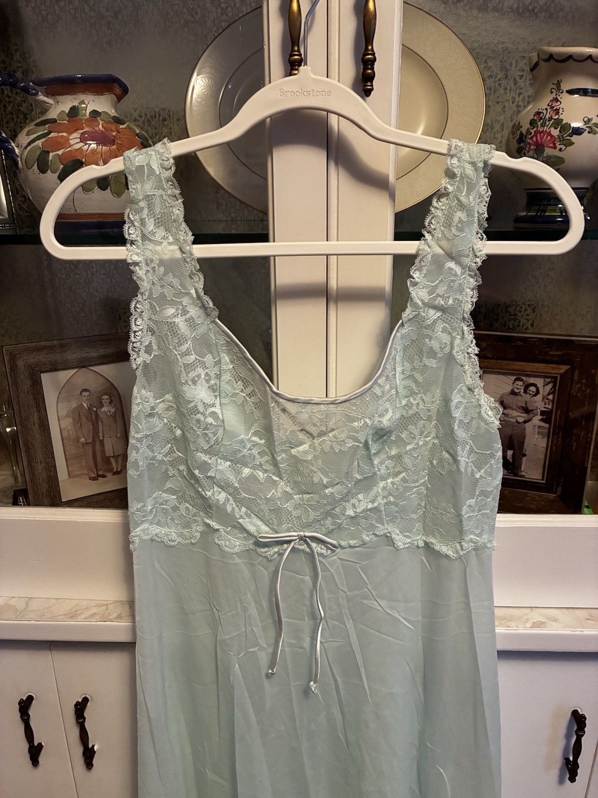 Vintage Vanity Fair Lace Tank Top Long Sheer Nightgown Bra Size 36 Mint Green