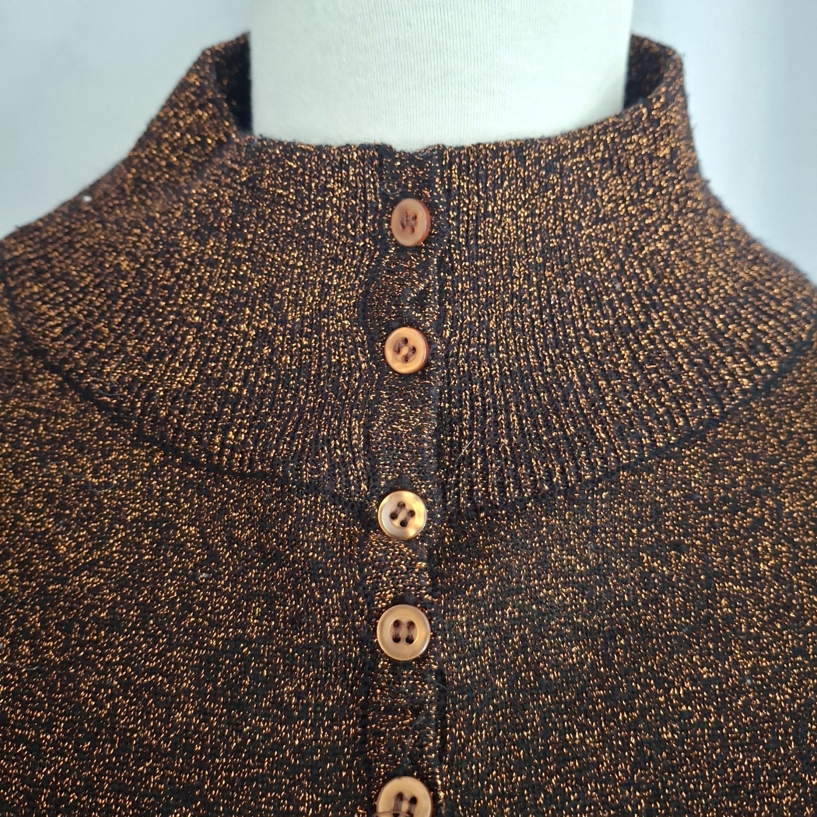 Vtg 70s Copper Metallic dressy top by Joyce Long Sleeve mock turtleneck L