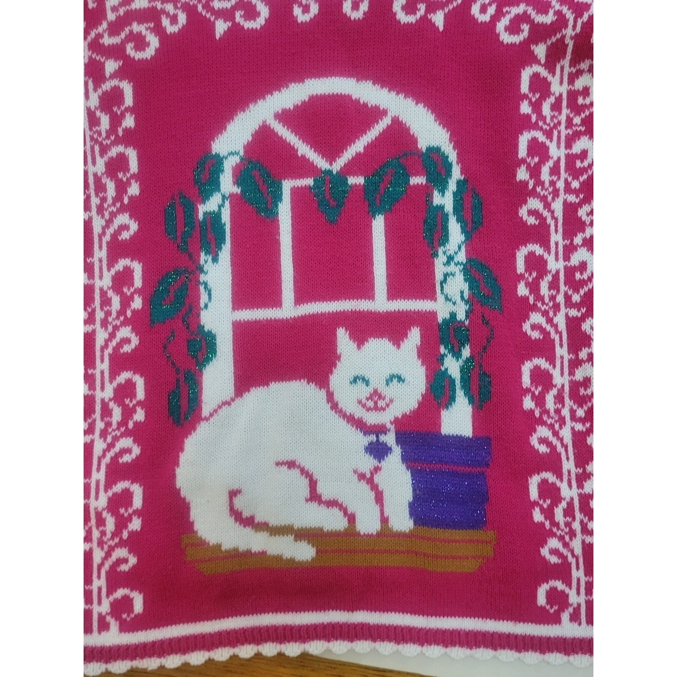 Vtg 80s Spunky Pink Cat in Window Sweater Kawaii Novelty USA Scallop M/L