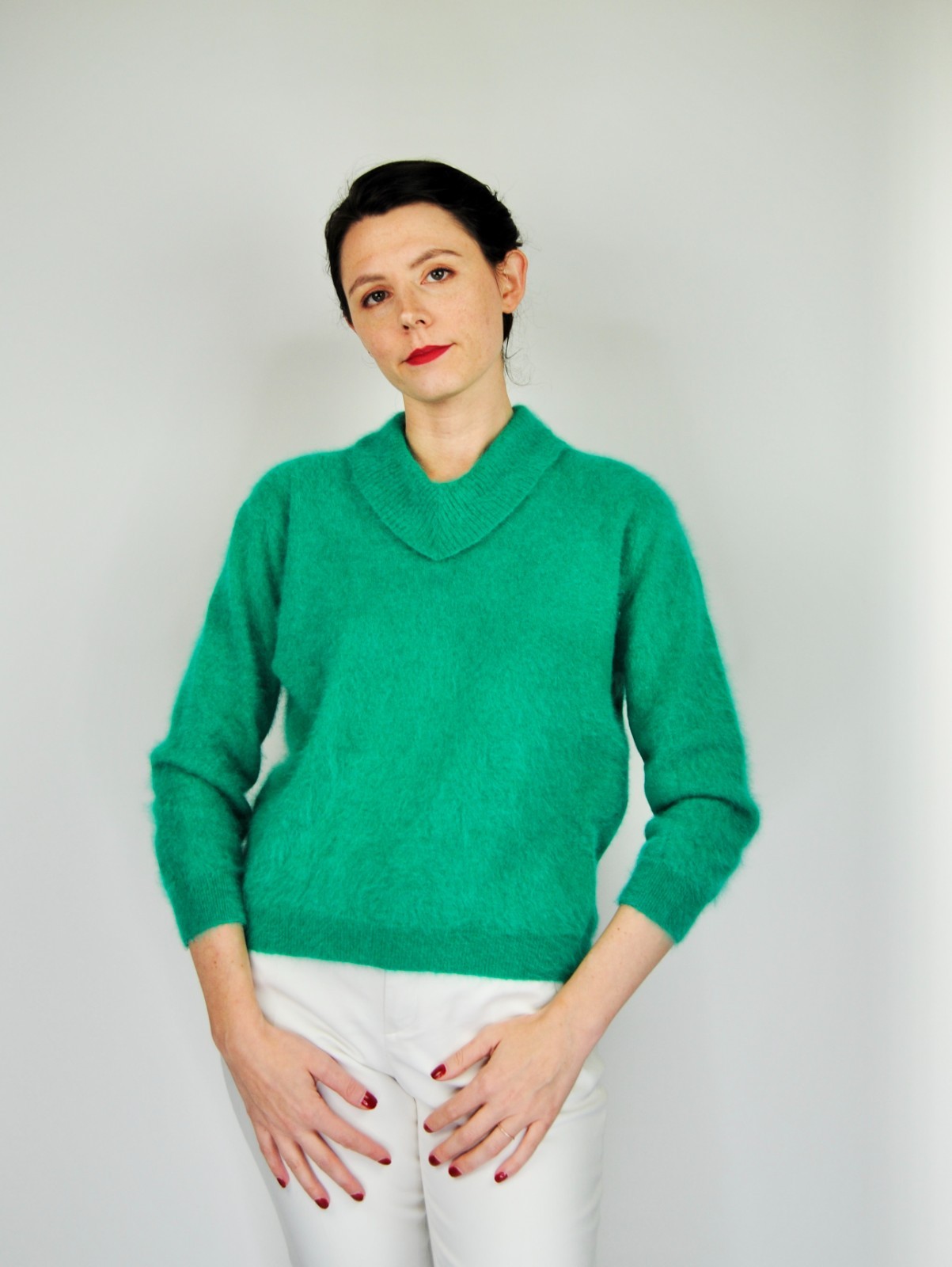 RARE 1950s 1960s Vintage Pandora Turquoise Green-Blue Fuzzy Angora Sweater – Md