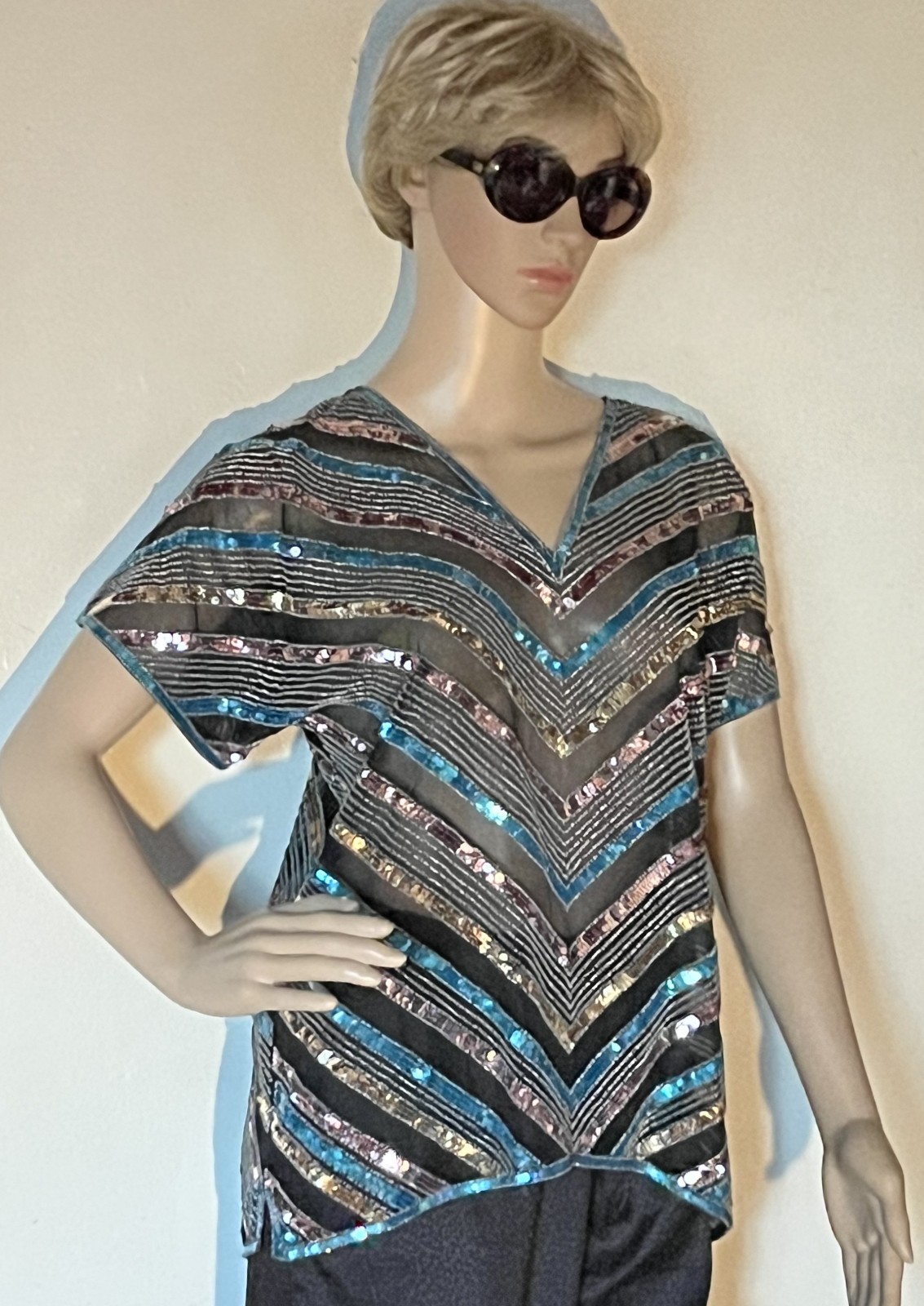 1980s Club Scene Black & Blue & Silver Sequin Silk Blouse by Argenti Size Medium