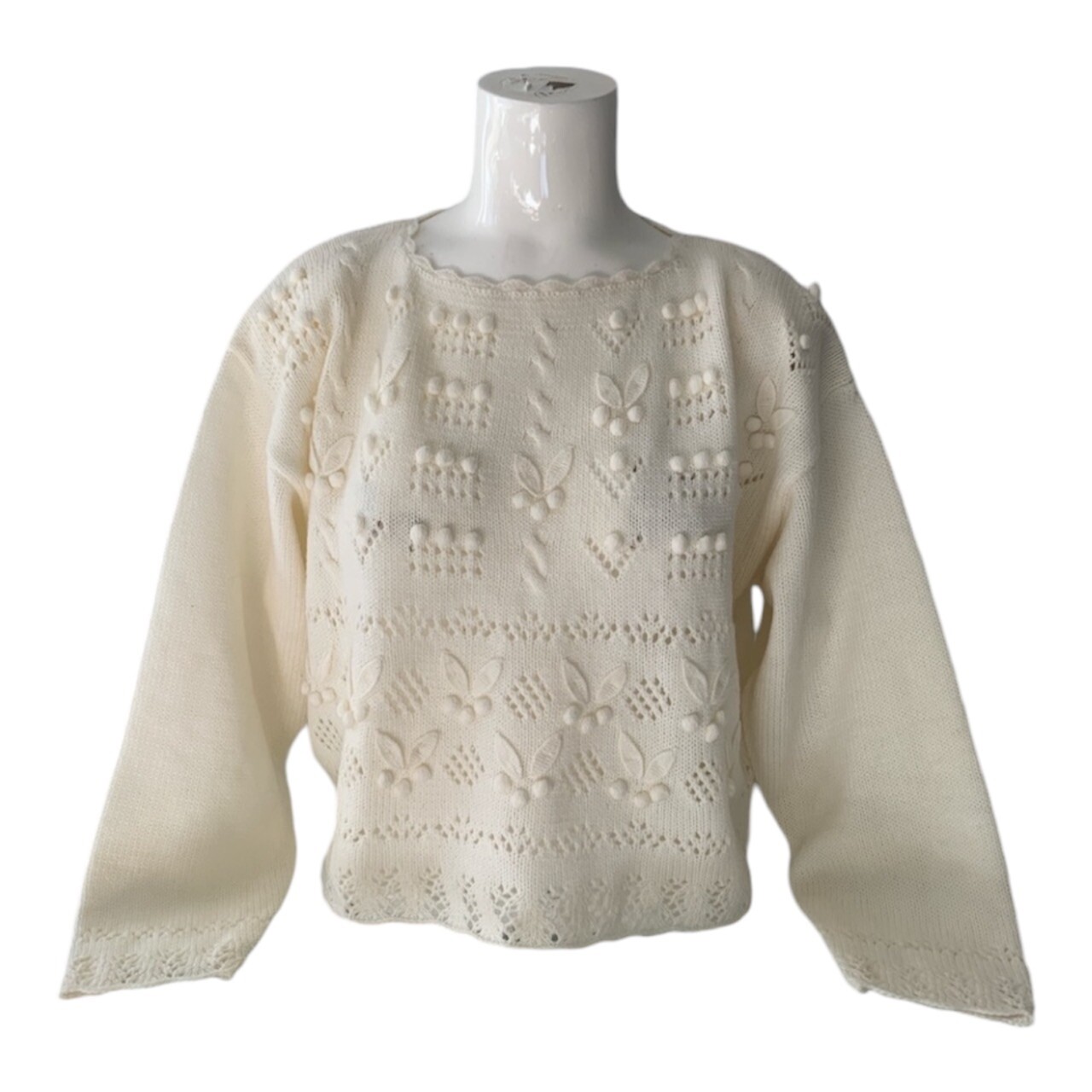 New Rare Item Vintage 80s Retro Cream Crochet Floral Sweater Medium