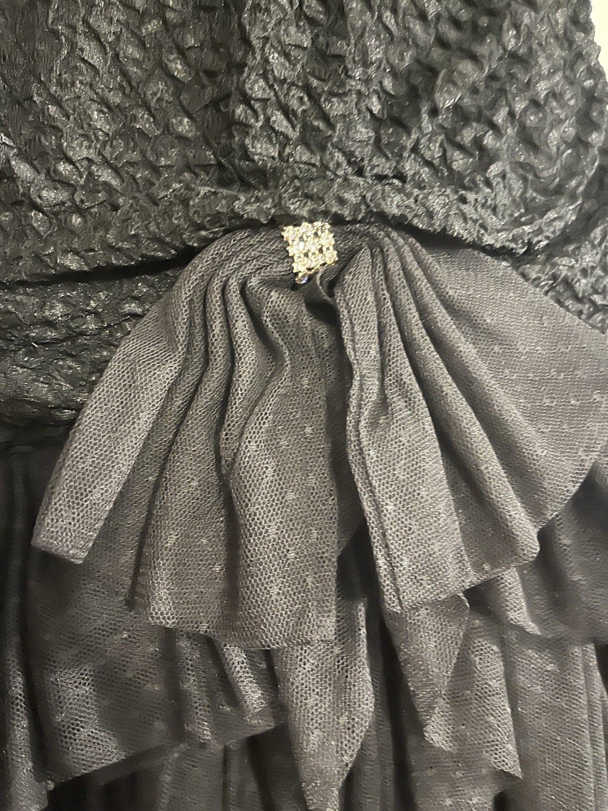 Vtg 80s Black Prom Cocktail Dress Puff Sleeve Sweetheart Bow w/ Rhinestones