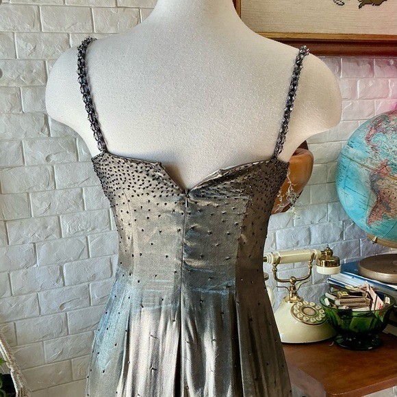 Vintage 1990s Y2K Cache Olive Satin and Chiffon Asymmetrical Hem Beaded Gown