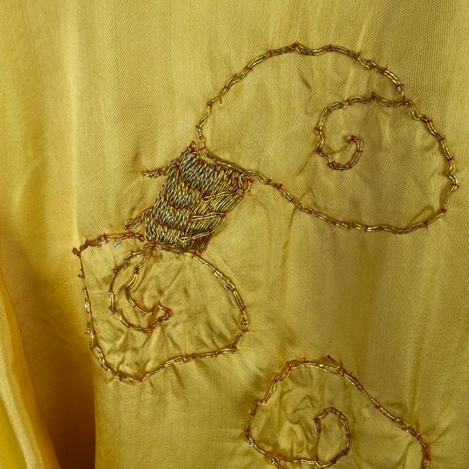 Vintage Yellow Kimono Robe Dragon Gold Metallic Embroidery Long Duster Belt
