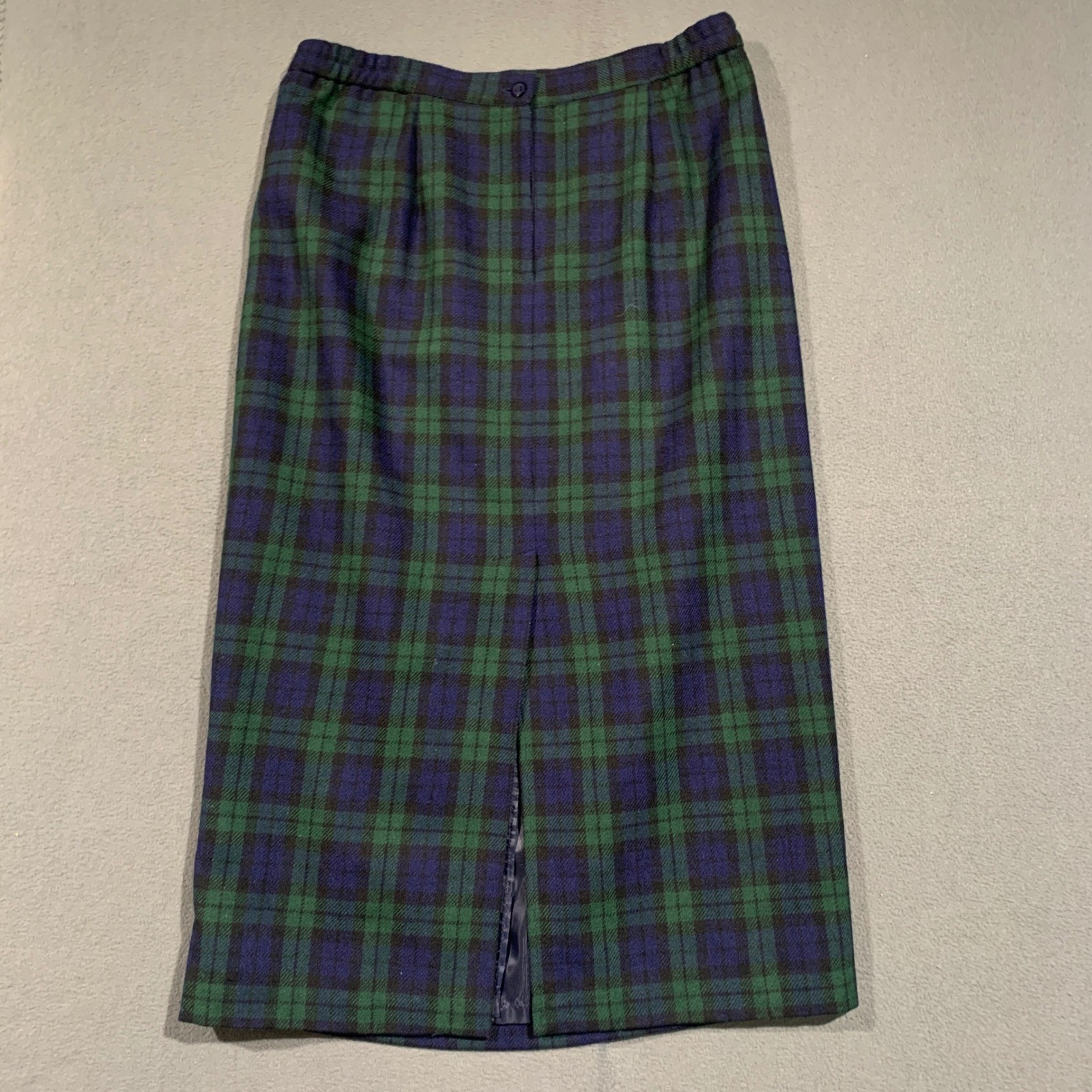 Joan Leslie Vintage Wool Blend Black Watch Plaid Pencil Maxi Skirt Green Blue 18