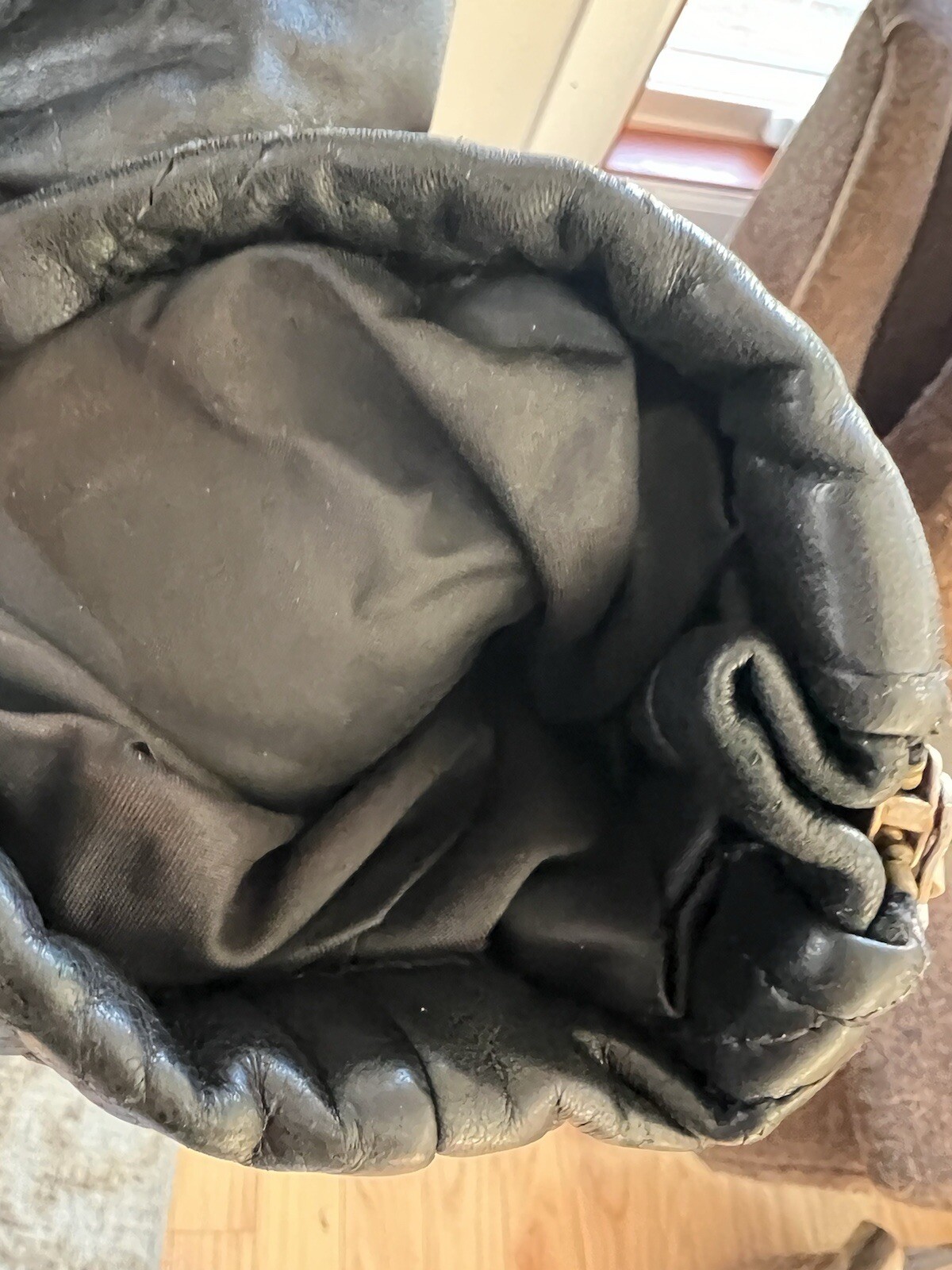 Women’s VTG Coat Black Leather Hood Belt Insulated Liner L Otello Pelle