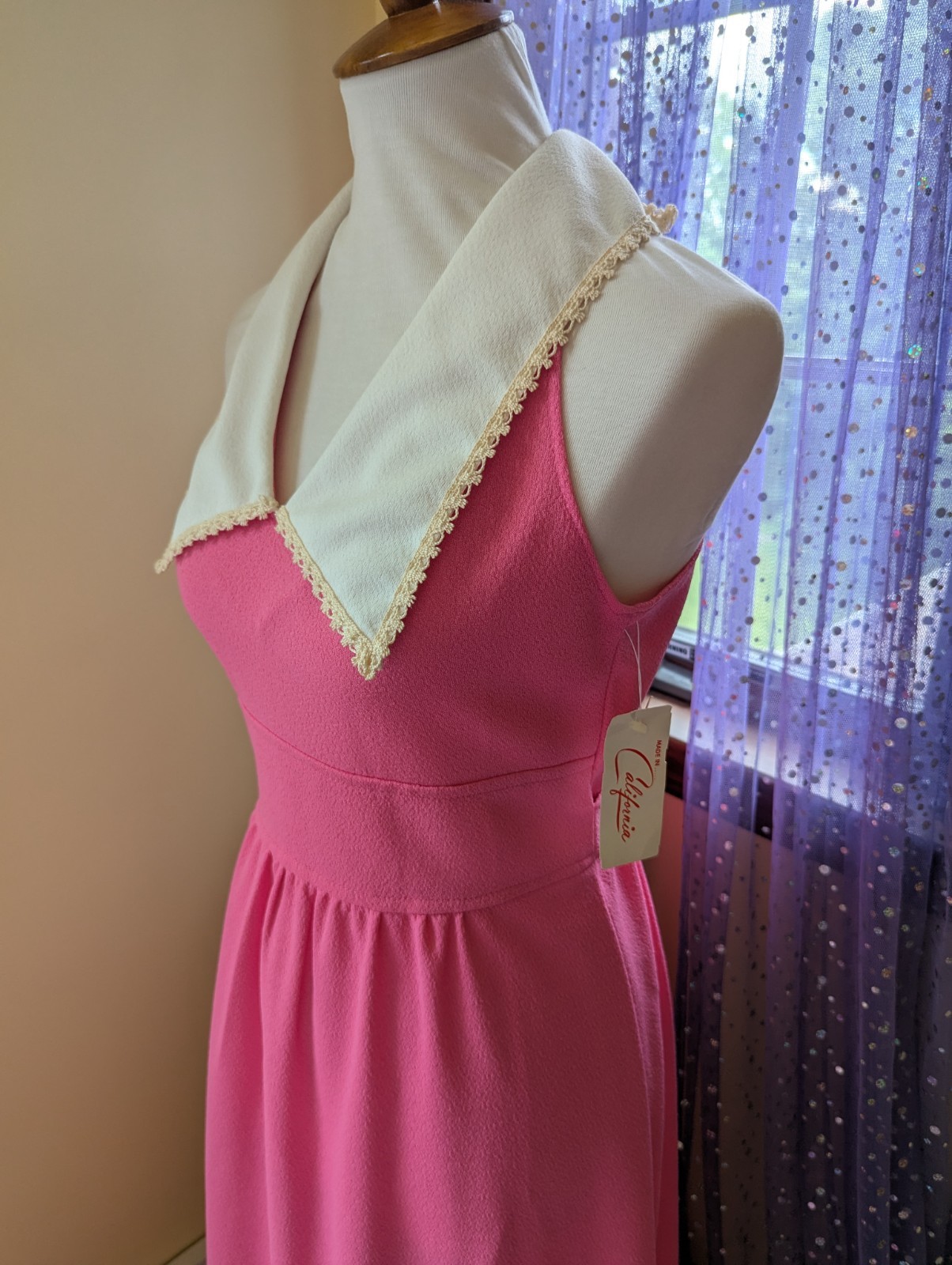 Vintage 70’s Joni Blair Of California Pink Dagger Collar Polyester Maxi Dress S