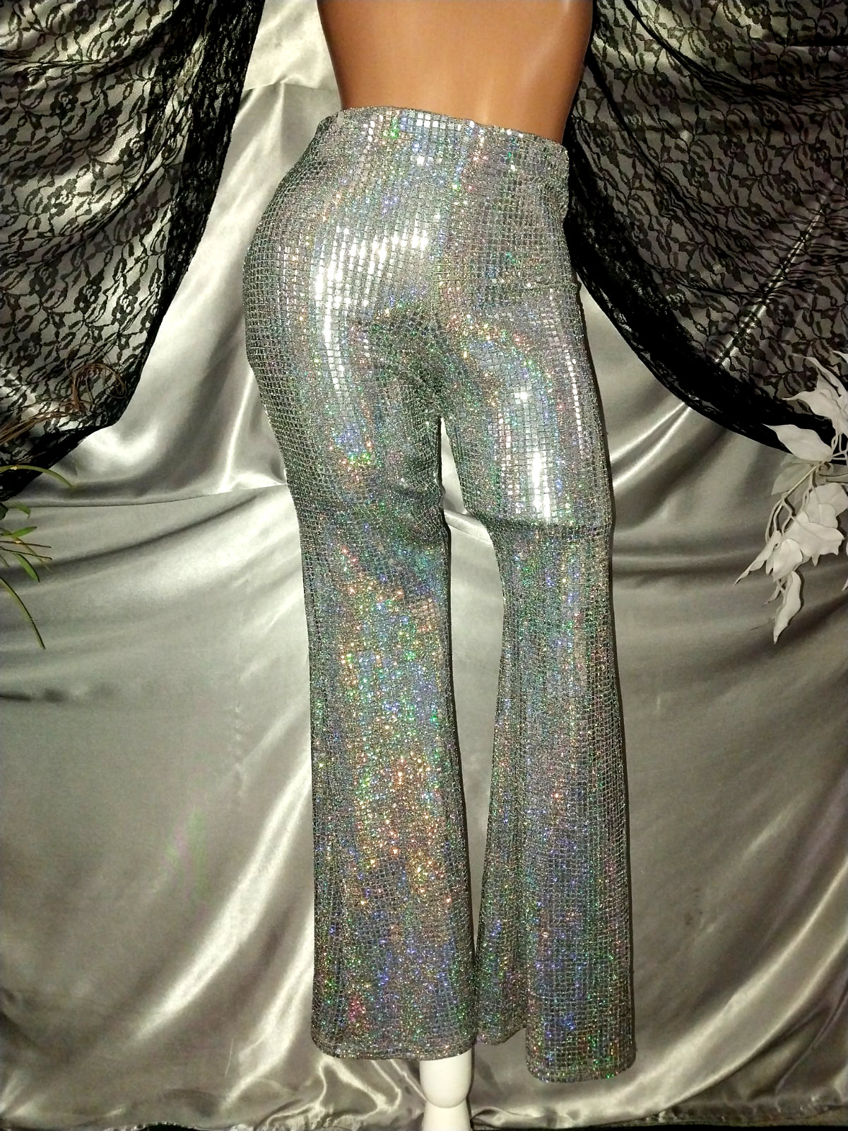 VTG SATIN SHINY CARNIVAL FLASHBULB HOLOGRAM SILVER DISCO SPANDEX FOIL PANTS