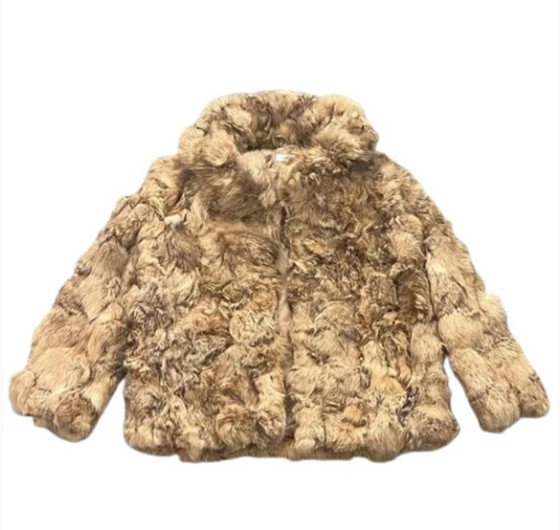 Vintage Genuine Tan Rabbit Fur Long-Sleeve Boho Mod Retro Opera Coat – Size 7/8
