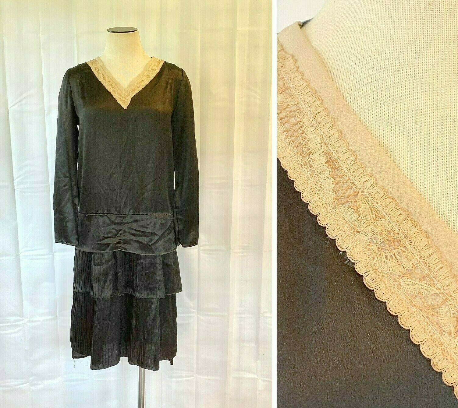 Vintage 1920s 1930s Black Dress Beige Lace Art Deco Nouveau Flapper Antique 36 M