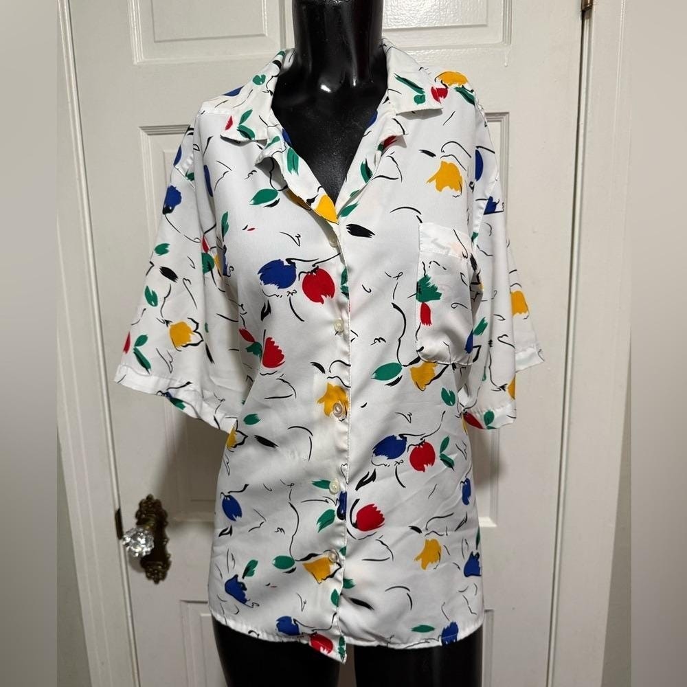 Vintage 1980s 1990s Primary Color Block Floral Button Up Womens Short Sleeve