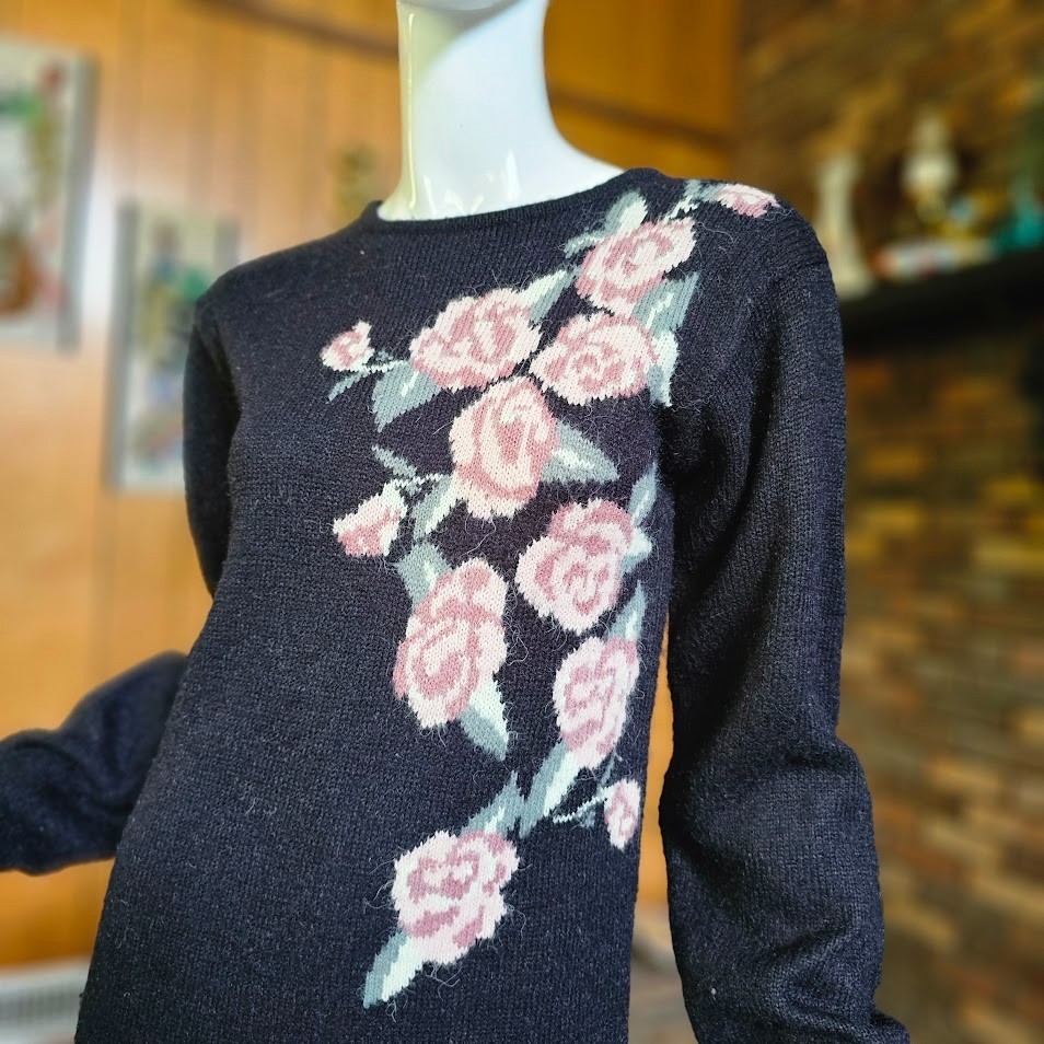 Vtg 80s New Wave Preppy Mall Rat Knit Floral Sweater Wiggle Bodycon Dress M/L