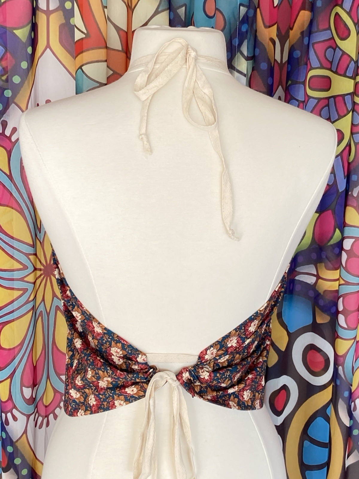 Vintage Red & Navy Floral Ditsy Calico Festival Hippy Halter Top M/L