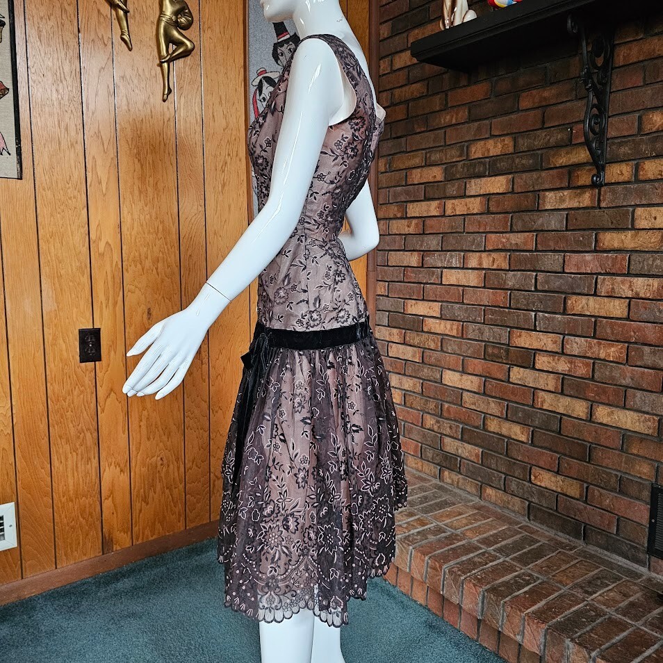 Vtg 50s Flocked Illusion Pink & Black Drop Waist Bubble Prom Cocktail Dress S/M